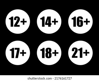 Adults content only age restriction 12, 14, 16, 17, 18, 21 plus years old icon signs set vector illustration