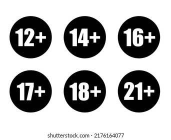 Adults content only age restriction 12, 14, 16, 17, 18, 21 plus years old icon signs set vector illustration