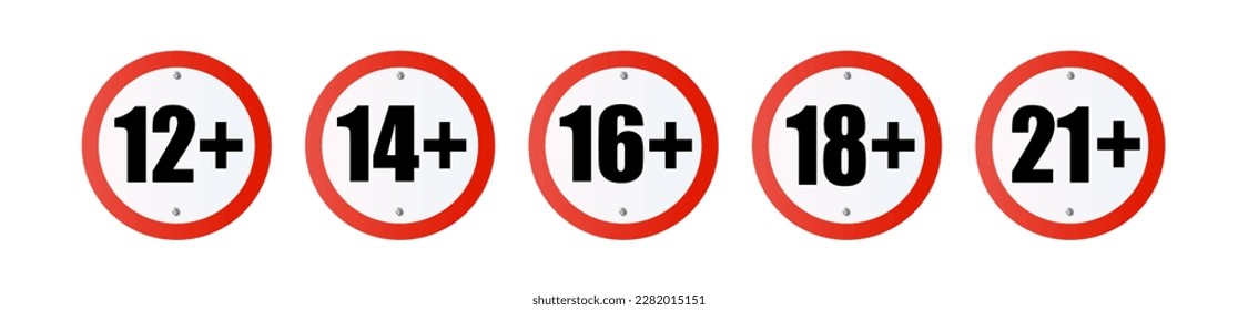 Adults content only age restriction plus years old icon signs flat style design vector illustration. age plus and adults only concept symbols. Sensitive content. Vector