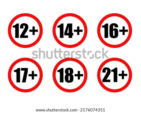 Adults content only age restriction 12, 14, 16, 17, 18, 21 plus years old icon signs set vector illustration