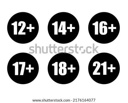 Adults content only age restriction 12, 14, 16, 17, 18, 21 plus years old icon signs set vector illustration