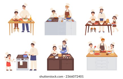 Adults cooking with kids. Home kitchen, parents baking with kids at house. Household, family spend time together. Cook workshop snugly vector scenes