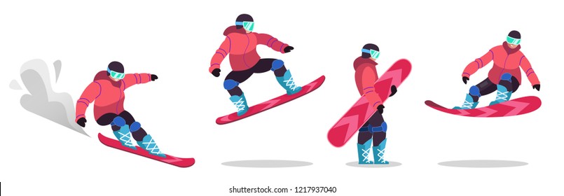 Los adultos, vestidos con ropa de invierno, van a hacer snowboard. Hombres y mujeres pragmáticos desde un trampolín y descender desde la montaña .. Actividades deportivas de montaña en invierno. Ilustración vectorial aislada en polvo plano