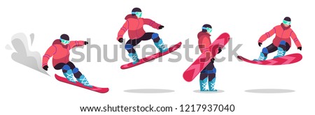 Adults, dressed in winter clothes, go snowboarding. Men and women pragat from a springboard and descend from the mountain .. Winter mountain sports activities. Isolated vector illustration in flat sty