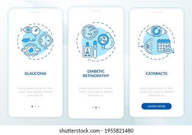 Adults eyes diseases onboarding mobile app page screen with concepts. Diabetic retinopathy curing process walkthrough 3 steps graphic instructions. UI vector template with RGB color illustrations