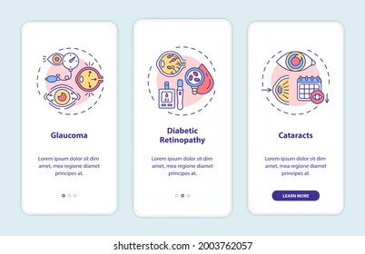 Adults eyes diseases onboarding mobile app page screen with concepts. Glaucoma curing process walkthrough 3 steps graphic instructions. UI vector template with RGB color illustrations