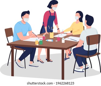 Adults in face masks in art class flat color vector faceless characters. Craft workshop. Learn new hobby during pandemic isolated cartoon illustration for web graphic design and animation