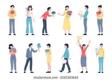 Adults with flowers bouquets. Men women holding floral gifts, present for mother or wife, girlfriend. International womens day, florists recent vector characters