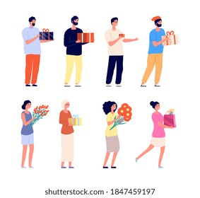 Adults with gifts. Man woman holding gift boxes and flowers. Surprise, birthday christmas anniversary celebrate characters. Festive people vector illustration