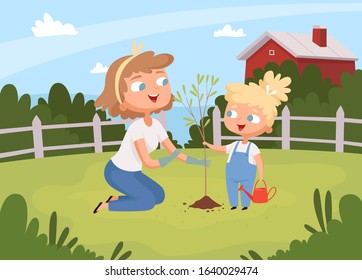 Adults help planting. Kids with parents planting tree eco environment background gardening education vector