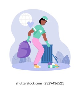 Adults involved in volunteering. Lady picking up trash from ground into garbage containers. Help and care about nature and planet. Flat vector illustration in purple and pink colors