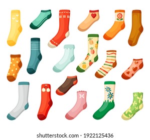 Adults and kids colored socks set. Warm green textiles with daisies bright woolen with red pineapple hearts drawing white stripes and stylish orange with butterflies trendy short. Vector fabric.