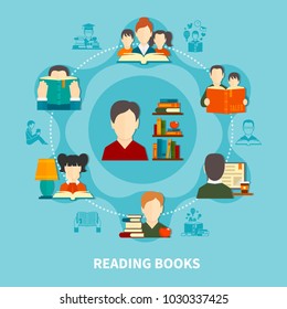 Adults and kids during reading printed and electronic books, round composition on blue background vector illustration