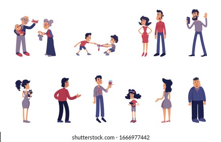 Adults and kids flat cartoon illustrations kit. Grandparents with baby, siblings, couple. Caucasian women and men. Ready to use 2d comic character set templates for commercial, animation, printing