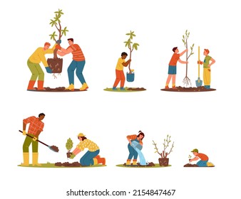 Adults and kids planting trees and bushes vector illustrations set. Different people carrying trees, digging, watering. Gardening with children outdoors.