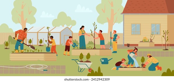 Adults and kids planting trees and bushes in the community garden flat vector illustration. Different people carrying trees, digging, watering. Gardening with children outdoors.