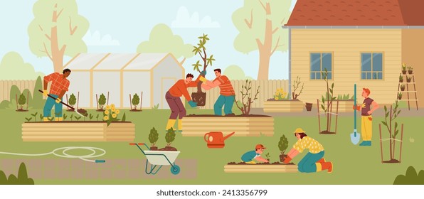 Adults and kids planting trees and bushes in the community garden flat vector illustration. Different people carrying trees, digging, watering. Gardening with children outdoors.