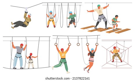 Adults and kids in rope park, flat vector isolated illustration. Adventure park attraction set. Sport, entertainment and fun. Summer outdoor activities.