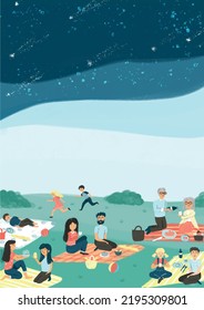 Adults and kids spending time in night party or picnic. Poster and flyer template with copyspace. Vector watercolor illustration with gouache and watercolor brush.