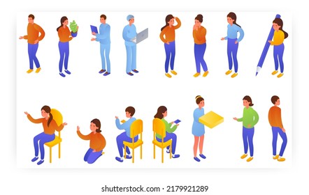 Adults and kids standing, sitting in different poses, isometric icon set, flat vector isolated illustration.