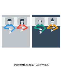 Adults and old people in bed