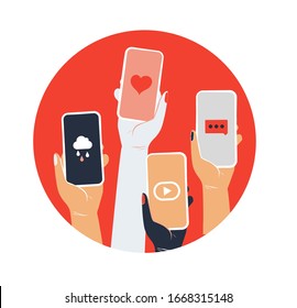 Adults on phone. Gadgets addiction for person lifestyle problem. Man or female hands with smartphone device love, weather, message, video app on display. Isolated vector illustration