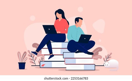 Adults online study - Two people doing online learning and studying on computers while sitting on books. Flat design vector illustration