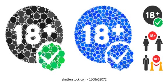 Adults only composition of small circles in different sizes and color hues, based on adults only icon. Vector small circles are composed into blue illustration.