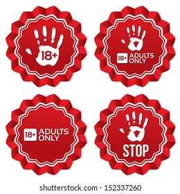 Adults only content labels, stars. Vector age limit red round stickers. Realistic icons set. Isolated.