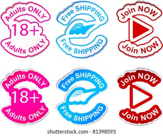 "Adults only", "free shipping", "join now"  vector stickers.