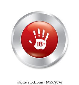 Adults only hand button. Vector age limit red round sticker. Realistic metallic icon with gradient. Isolated.