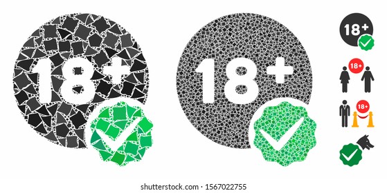 Adults only mosaic of inequal elements in variable sizes and color tones, based on adults only icon. Vector humpy pieces are composed into mosaic. Adults only icons collage with dotted pattern.