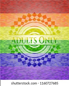 Adults Only on mosaic background with the colors of the LGBT flag