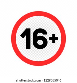 Adults only sign symbol icon on white transparent background. Under sixteen prohibited label. Do not enter or do not use minors