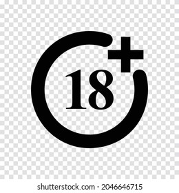 Solo símbolo para adultos. Ilustración vectorial del signo de círculo blanco y negro con el texto '18+'. Símbolo de advertencia de edad aislado en fondo transparente. Prohibido para menores de 18 años. Concepto de censura.