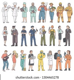 Adults people different professions in uniform. Labor Day women and men in professional clothes. Vector illustration in line art style on white background.