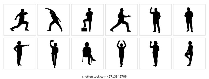 Adults Performing Various Actions Silhouettes Set, Work and Leisure Activities