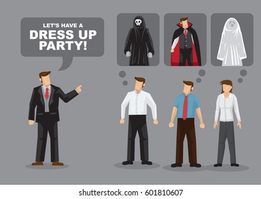 Adults planning for dress up party. Cartoon vector illustration on dress up party costume ideas for adults.