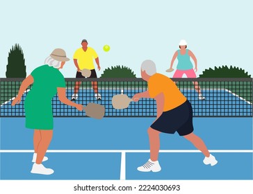 Adults play pickleball outdoors. Vector illustration of pensioners playing pickleball. Leisure in retirement. 