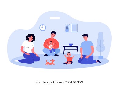 Adults playing with babies sitting on floor. Flat vector illustration. Young parents, relatives, friends enjoying time with toddlers and puppy. Family, home, childhood, friendship, pet concept