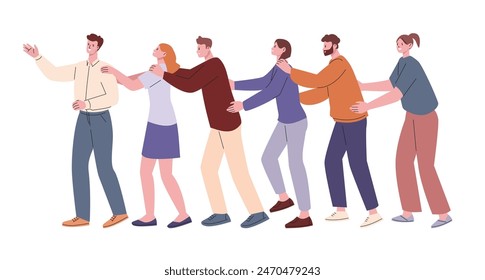 Adults playing train. Connecting game for team building or corporate team. Happy friends or family, young people play together, kicky vector scene