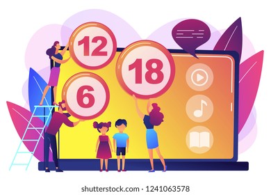 Adults rating content for children with age restriction signs. Content rating system, age limitation content, censorship classification concept. Bright vibrant violet vector isolated illustration