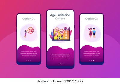 Adults rating content for children with age restriction signs. Content rating system, age limitation content, censorship classification concept. Mobile UI UX GUI template, app interface wireframe