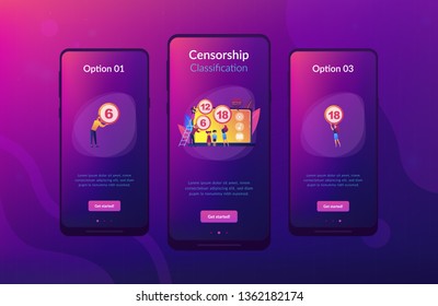 Adults rating content for children with age restriction signs. Content rating system, age limitation content, censorship classification concept. Mobile UI UX GUI template, app interface wireframe