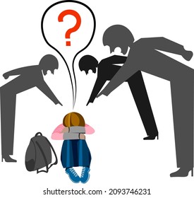  Adults shout at the child The teenager bowed his head on his knees and cries A question mark near the head The child does not understand what his fault is Vector illustration in flat style