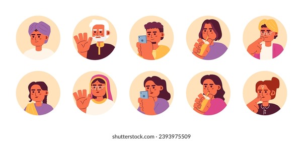 Adults south asians 2D vector avatars illustration bundle. Saree indians female, hindu male cartoon character faces collection. Modern day people flat color user profiles images isolated on white
