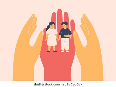 Adults taking care about children. Human hands surrounded boy and girl with love. Healthcare support, insurance, defense kids rights in society. Social protect, upbringing orphans. Vector