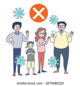 Adults talk to each other without wearing masks to prevent infection.