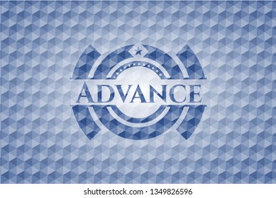 Advance blue badge with geometric pattern background.
