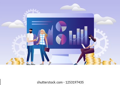 Advance business investment design concept. Money and people. virtual business assistant, money, cards investment management. Business analysis. Characters design vector illustration